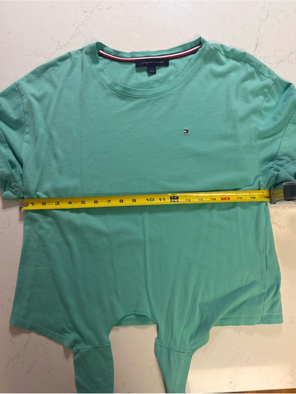 Tommy Hilfiger Women's Tie-Front Crop Tee in Aqua Green Large - Picture 4 of 5